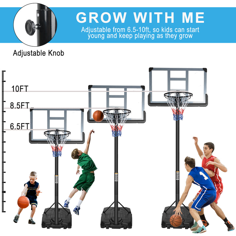 Portable Basketball Hoop Backboard System Stand Height Adjustable 6.5ft - 10ft with 44 Inch Backboard and Wheels for Adults Teens Outdoor Indoor Basketball Goal Game Play Set