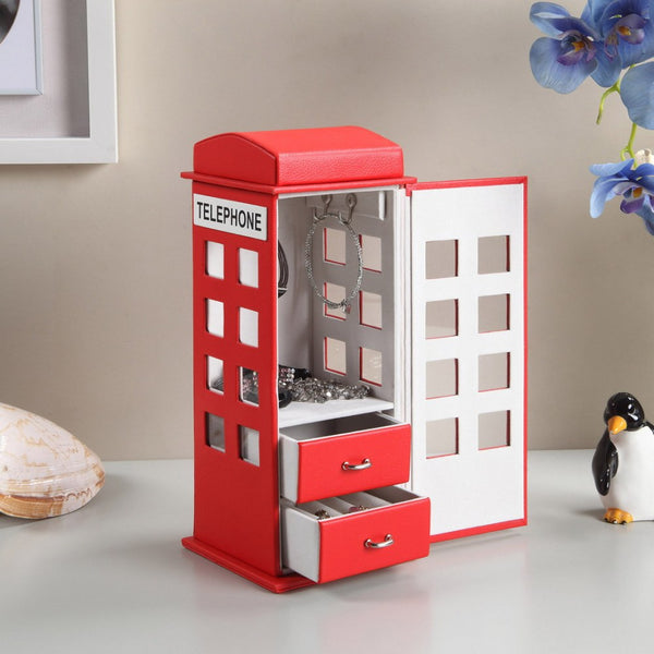 11.5&quot; Tall Leather Jewelry Box, British Telephone Design, Red