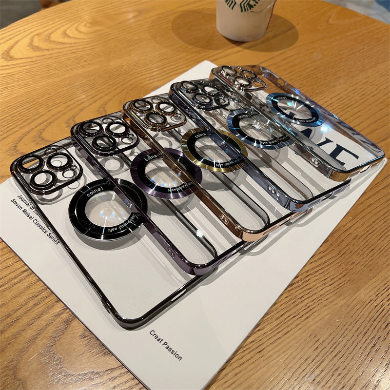 Suitable For IPhone16 Magnetic Mobile Phone Case Full Coverage Electroplated Hard 14 Apple 15Promax Transparent Case Leakage Anti-drop