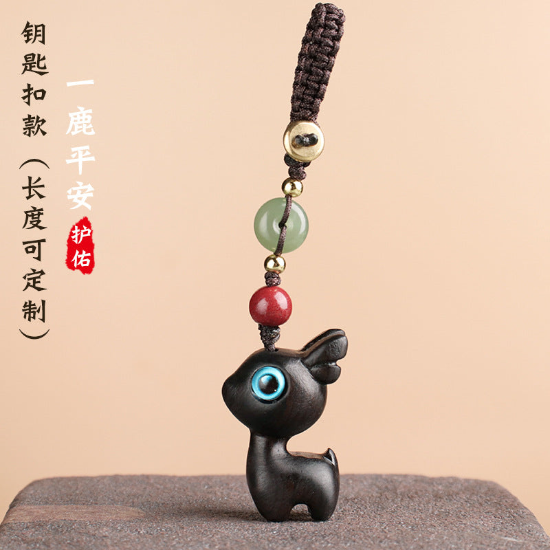 Safe Voyage Deer Car Key Chain Sandalwood Mobile Phone Chain Pendant Pendant Male And Female Creative Couple Cute Small Gift