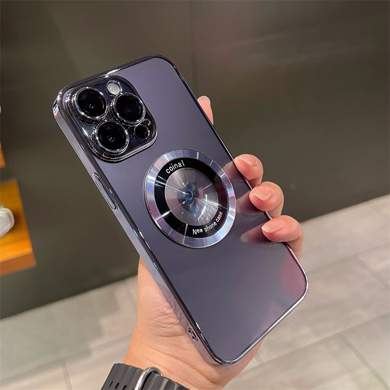 Suitable For IPhone16 Magnetic Mobile Phone Case Full Coverage Electroplated Hard 14 Apple 15Promax Transparent Case Leakage Anti-drop
