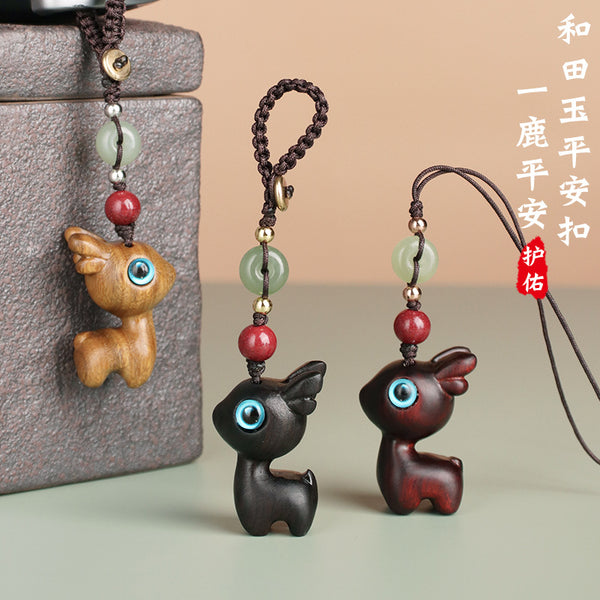 Safe Voyage Deer Car Key Chain Sandalwood Mobile Phone Chain Pendant Pendant Male And Female Creative Couple Cute Small Gift