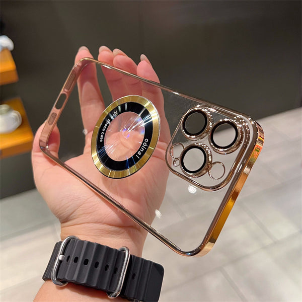 Suitable For IPhone16 Magnetic Mobile Phone Case Full Coverage Electroplated Hard 14 Apple 15Promax Transparent Case Leakage Anti-drop